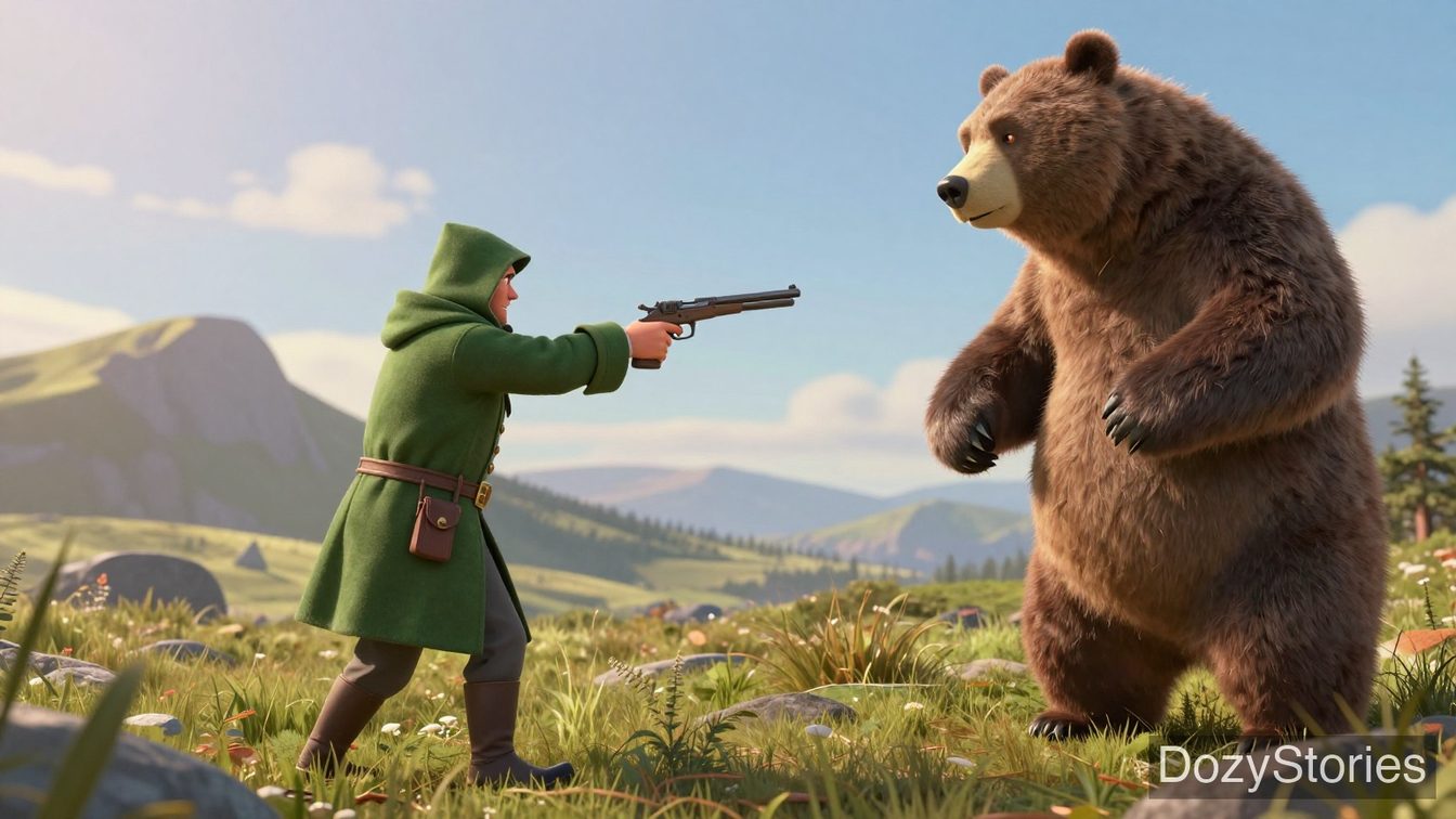 Bearskin - A strange man in a green coat appears on the heath, tests the soldier's courage with a bear, and offers him a seven-year wager. - Scene Illustration 2