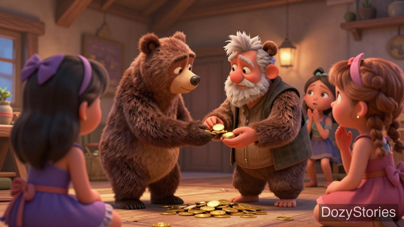 Bearskin - Bearskin saves a ruined old man, who promises him a daughter's hand. The two elder sisters sneer at his looks; only the youngest accepts the promise. - Scene Illustration 4