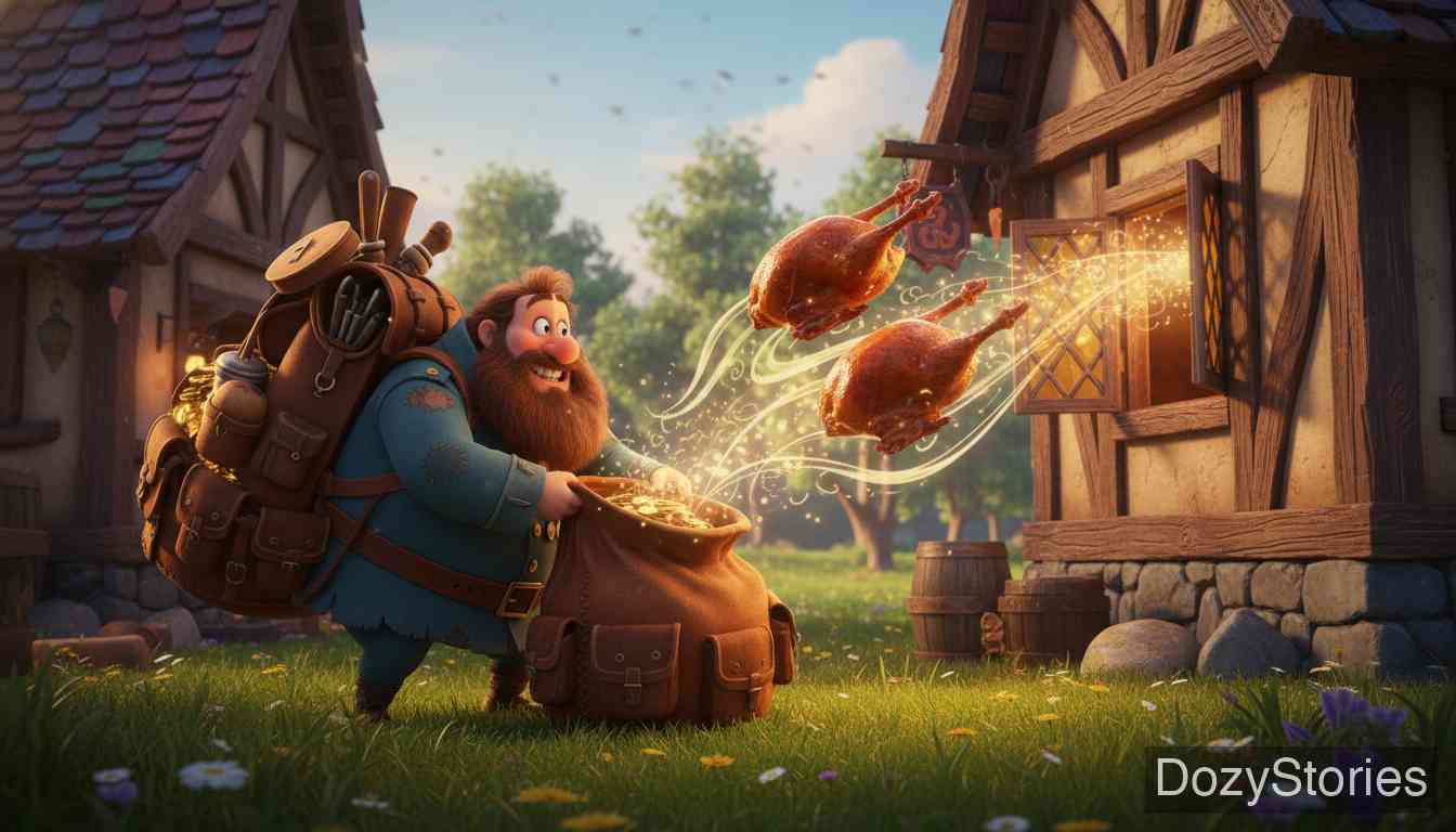 Brother Lustig - After squandering his money, Brother Lustig uses the knapsack's magic to conjure roast geese. He generously shares a goose with two travelers, which leads to them being mistaken for thieves and beaten. - Scene Illustration 3