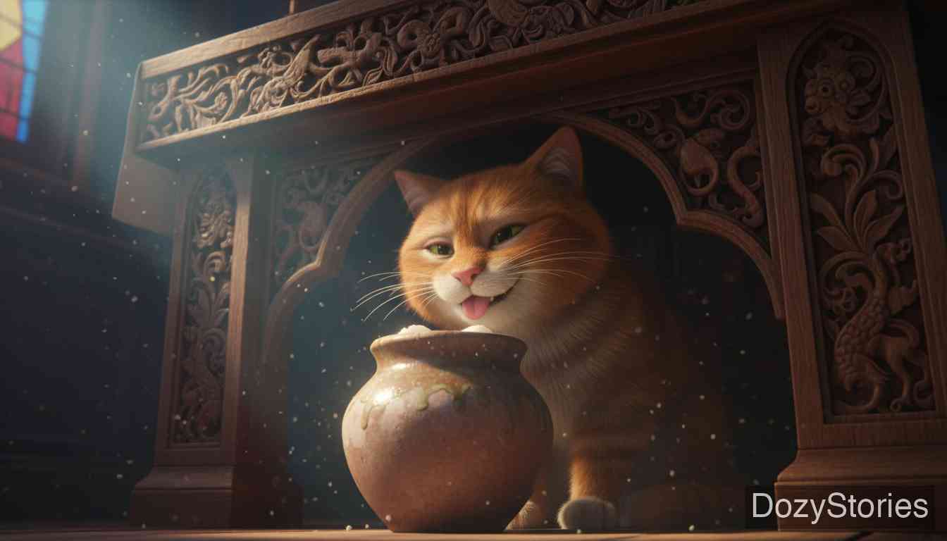 Cat and Mouse in Partnership - The cat and the mouse become partners and hide a pot of fat under a church altar. The cat pretends to be a godfather, licks off the top layer, and comes home with a strange name: Lid-Off. - Scene Illustration 1