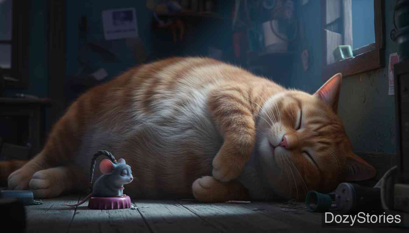 Cat and Mouse in Partnership - The greedy cat tells a third lie, eats every bit of fat while the mouse cleans the house, mocks her doubts, and names the last baby Empty-Jar. - Scene Illustration 3
