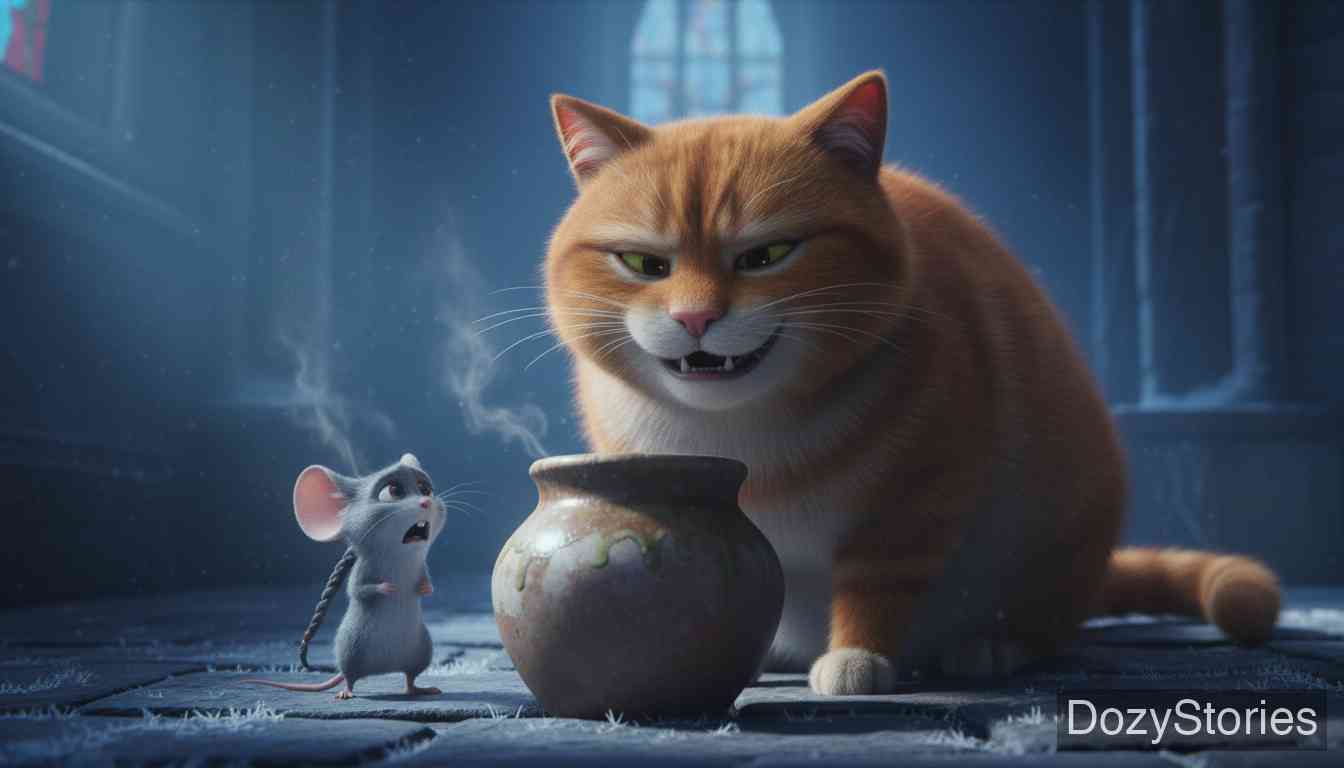Cat and Mouse in Partnership - Winter comes, and the mouse goes with the cat to fetch the fat. The pot is empty, the mouse finally sees the truth, and the cat bares his teeth to silence her. - Scene Illustration 4