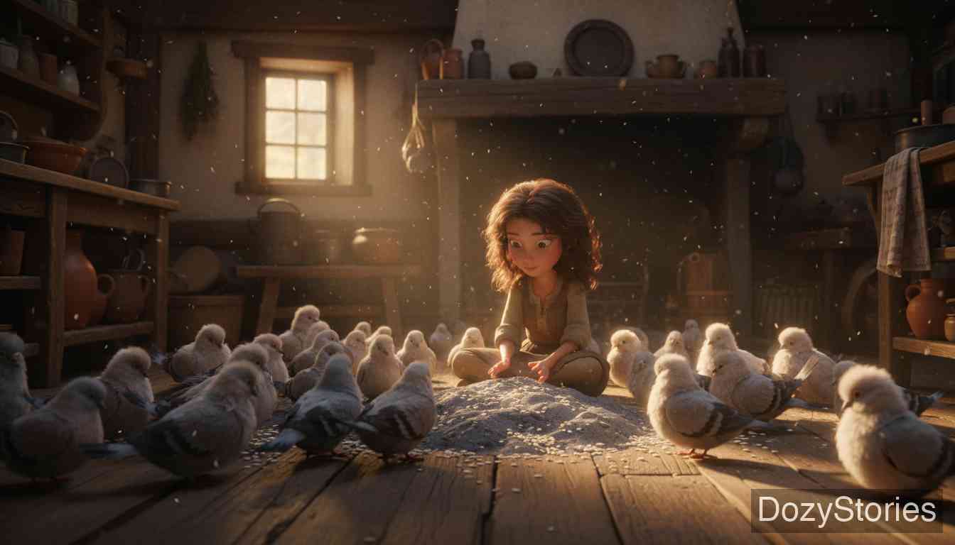 Cinderella - The king's feast draws near, but the stepmother blocks Cinderella with lentil tasks; the birds help her twice, yet she is still left behind. - Scene Illustration 2