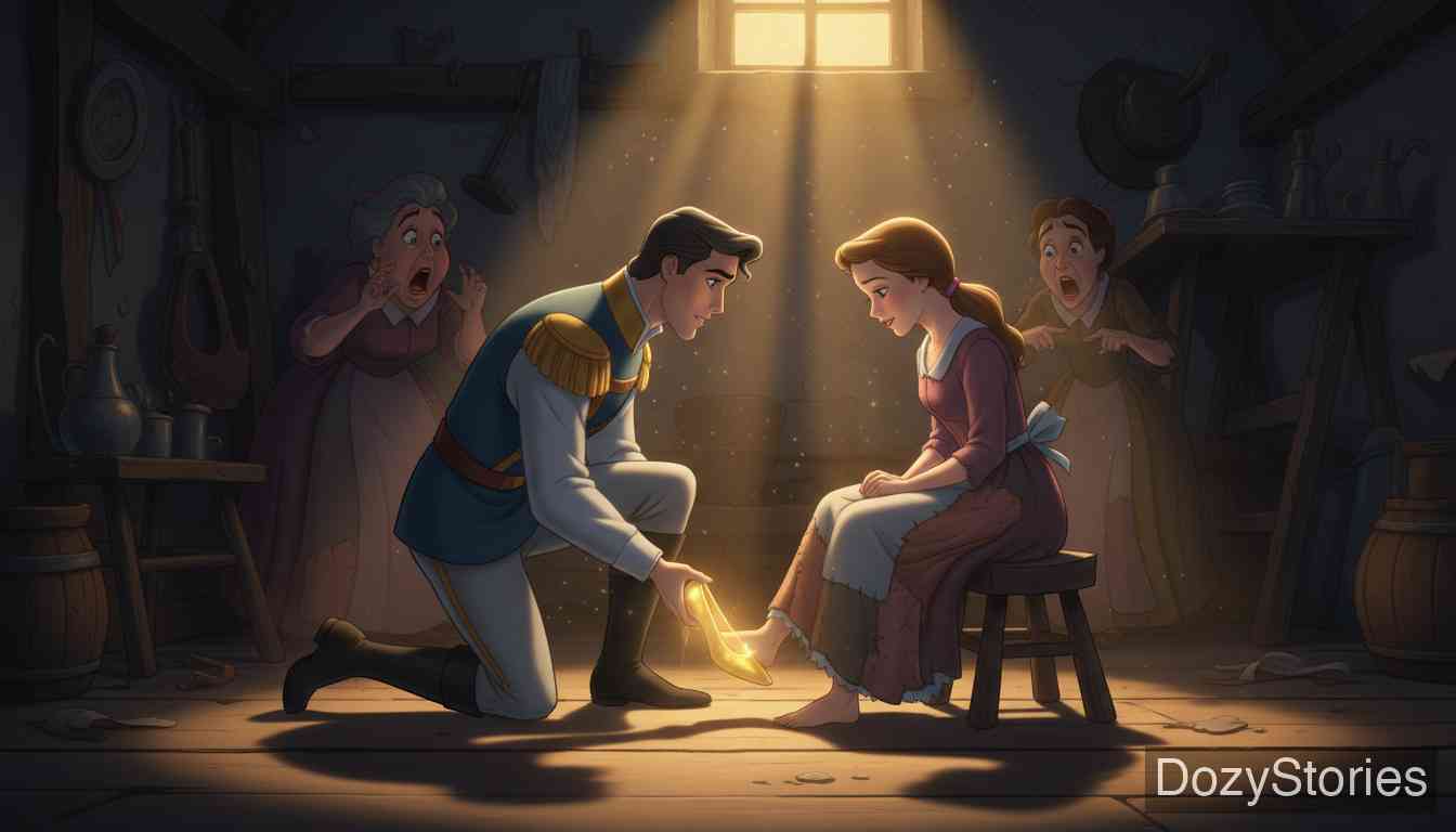 Cinderella - The sisters cut their feet to force the slipper on, and the pigeons sing out the blood; Cinderella's foot fits perfectly, and the prince carries the true bride away. - Scene Illustration 4