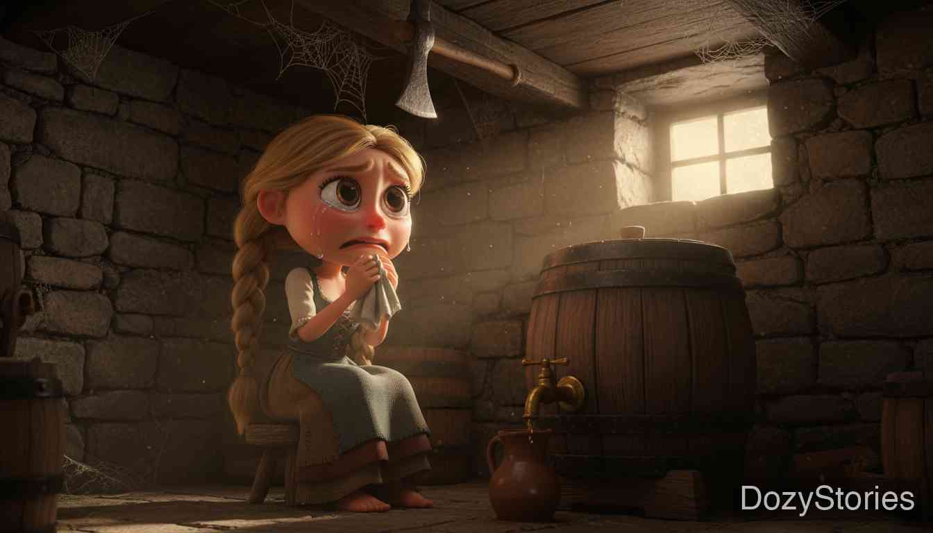 Clever Else - Clever Else goes down to the cellar for beer, spies a pickaxe in the ceiling, and bursts into tears over a child who has not even been born. - Scene Illustration 1