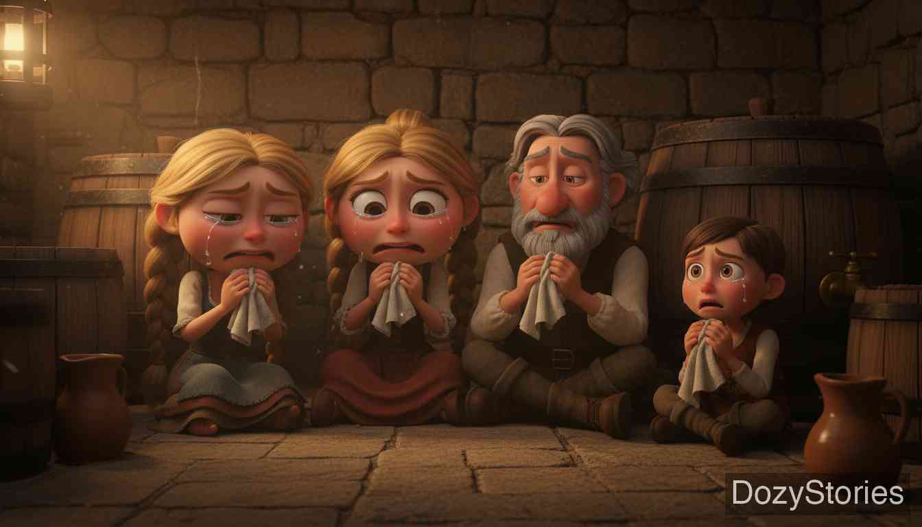 Clever Else - One by one the family comes down to the cellar, praises Else for her cleverness, and joins her in weeping. - Scene Illustration 2