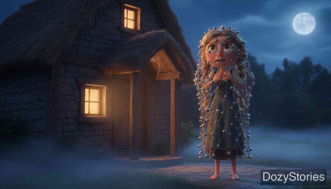 Clever Else - Hans throws a net of bells over the sleeping Else. When she wakes, she doubts her own name and runs away forever. - Scene Illustration 5