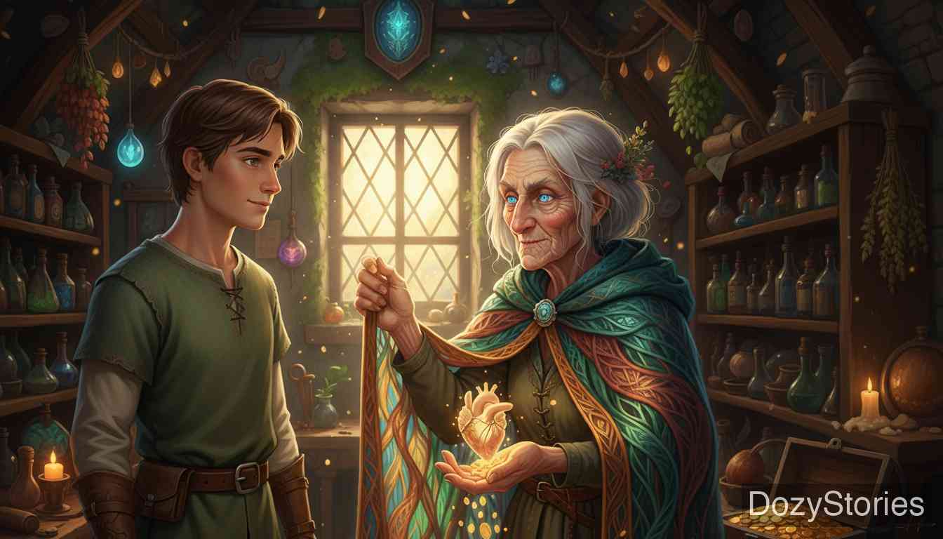 Donkey Cabbages - A kind young huntsman gives his last coins to an old woman in the woods, who shows him how to win a wishing-cloak and a bird's heart that makes gold. - Scene Illustration 1
