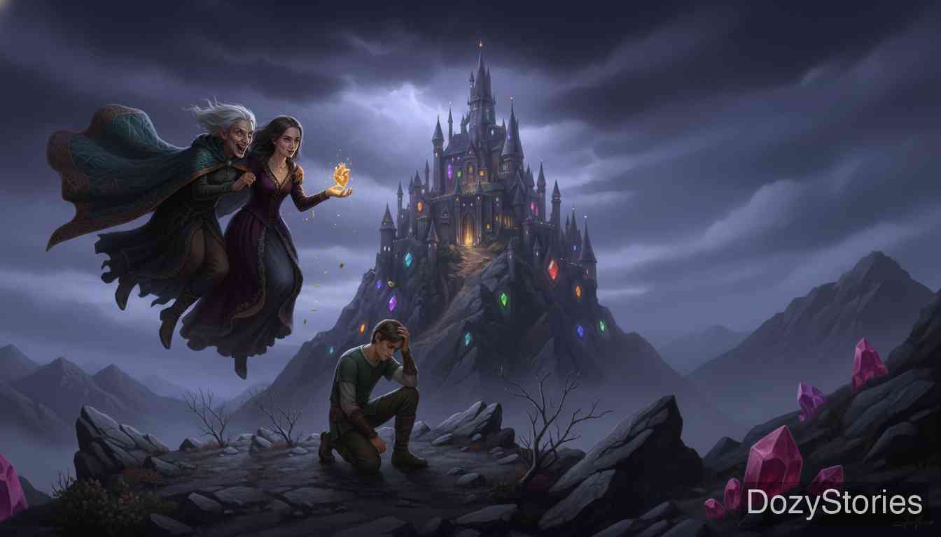 Donkey Cabbages - At a castle, a witch and her pretty daughter trick the huntsman out of the bird's heart and the cloak, leaving him alone on the Garnet Mountain. - Scene Illustration 2