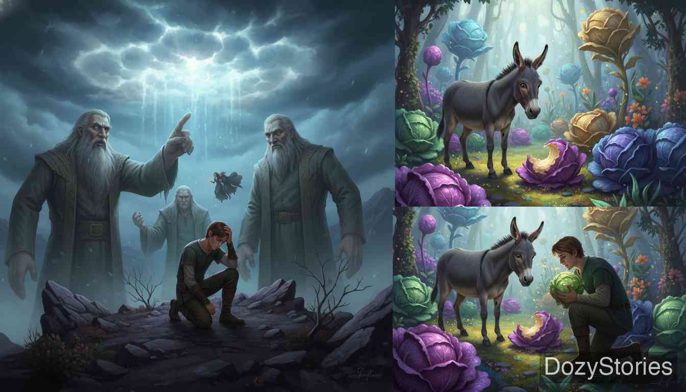 Donkey Cabbages - Giants predict that a cloud will carry the huntsman away; he rides it to a great garden, where one cabbage turns him into a donkey and another turns him back. - Scene Illustration 3