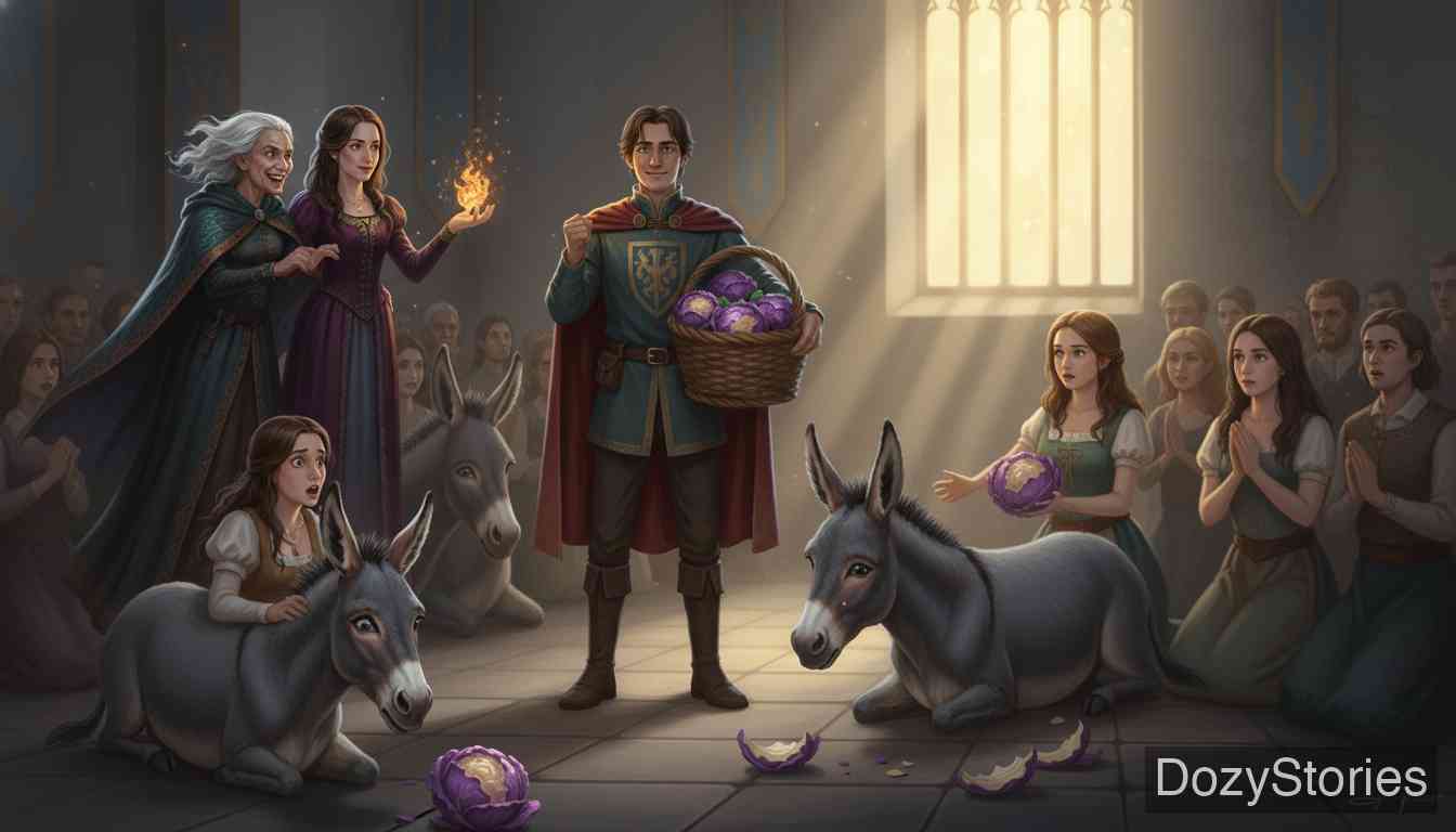 Donkey Cabbages - Disguised as a King's messenger, the huntsman returns to the castle and turns the greedy witch, the hungry maid, and his own beloved into donkeys with the bad cabbage. - Scene Illustration 4