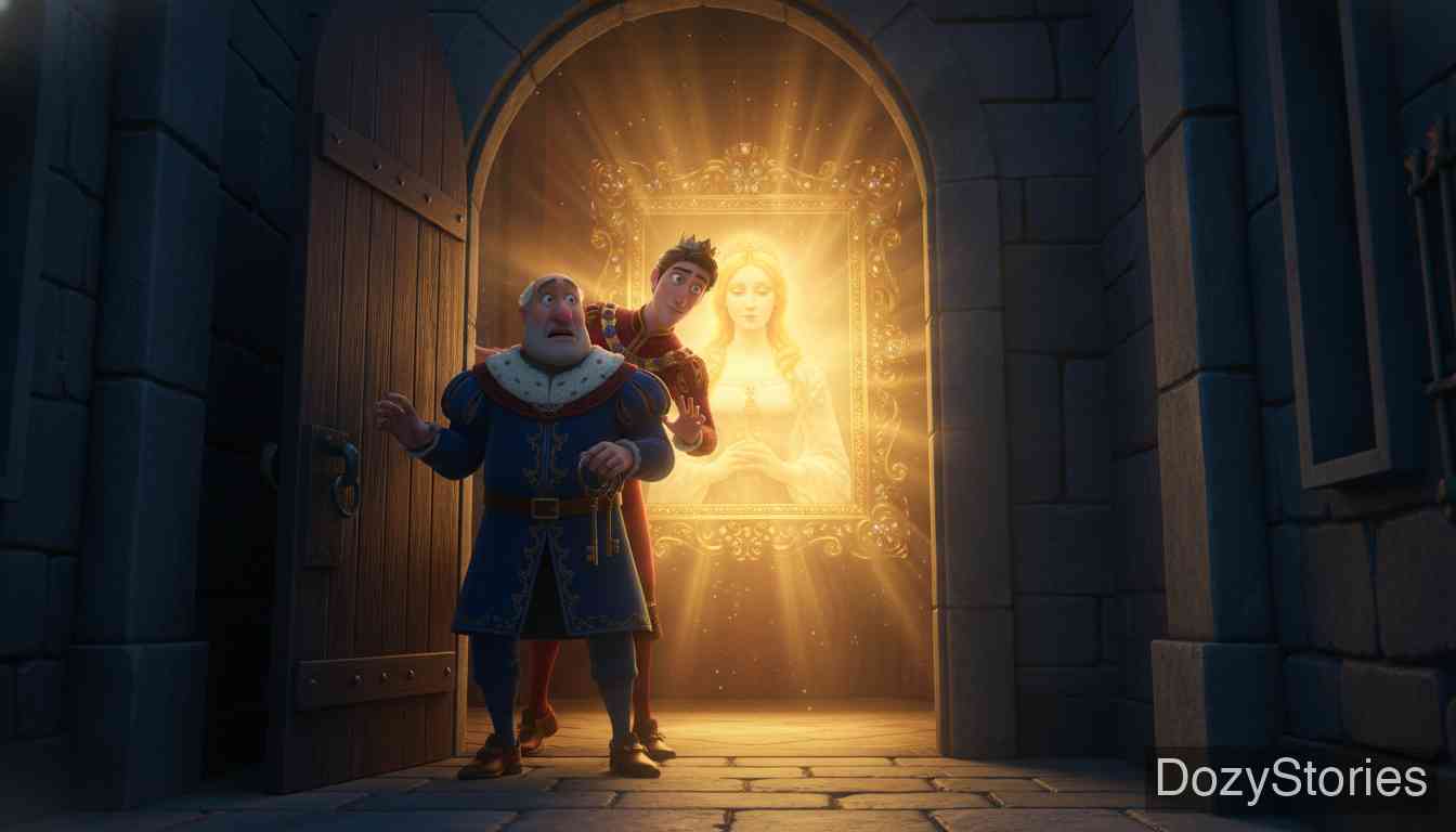 Faithful John - A dying king entrusts his son to faithful John. Curious to a fault, the young king forces open the forbidden door, sees the portrait of the Golden Princess, and falls in love at first sight. - Scene Illustration 1