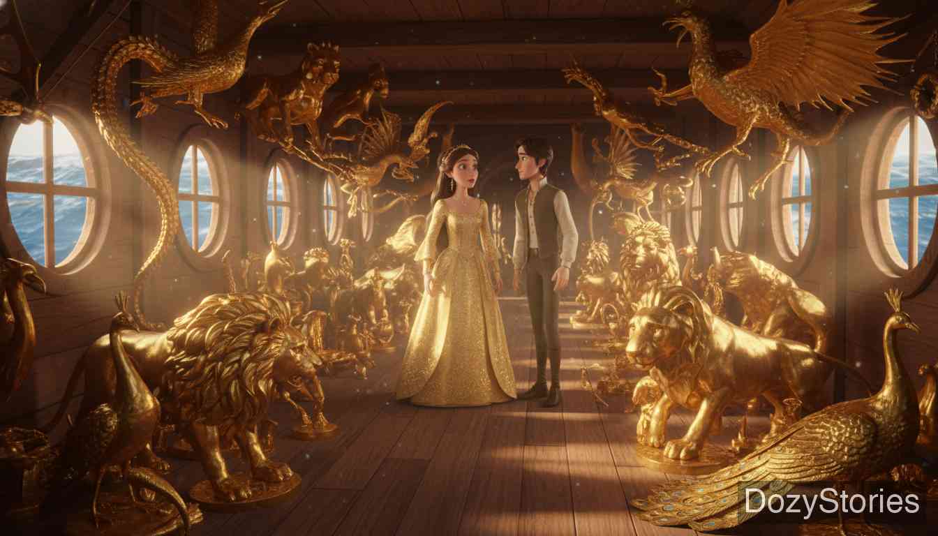 Faithful John - John plans a golden trick: five tons of gold become treasures, master and servant sail across the sea as merchants, and the princess is lured aboard while the ship sails away. - Scene Illustration 2