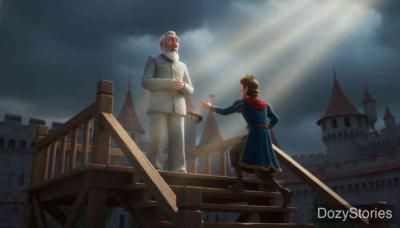 Faithful John - John breaks the three dangers one by one, but the king, seeing only strange deeds, condemns him. At the gallows John tells the truth — and turns to stone. - Scene Illustration 4