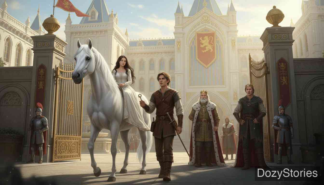 Ferdinand the Faithful - The Unfaithful one lays a trap, and the king orders Ferdinand to fetch the princess. Following his horse's plan, Ferdinand calms giants and birds with meat and bread, and brings the sleeping princess back. - Scene Illustration 3