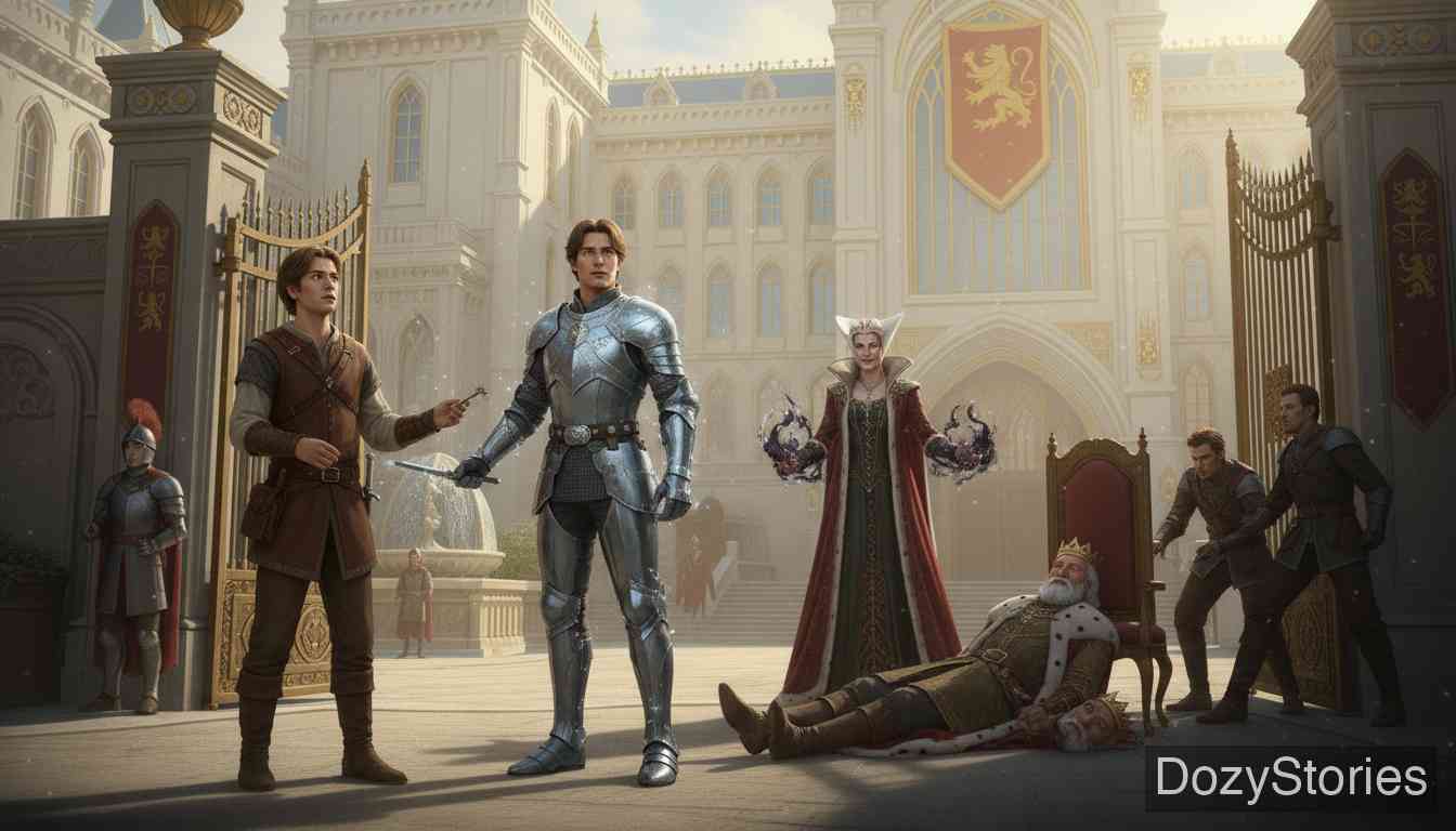 Ferdinand the Faithful - The queen shows off her beheading magic, kills the noseless king, and marries Ferdinand. The white horse gallops round the heath three times, breaks the spell, and becomes a prince. - Scene Illustration 5
