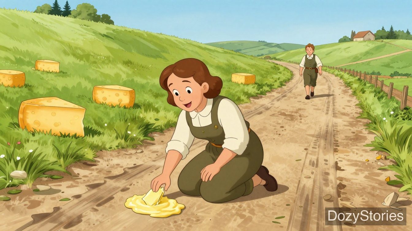 Frederick and Catherine - On the chase, Catherine spoils the road with butter and throws every cheese down the hill - Scene Illustration 3