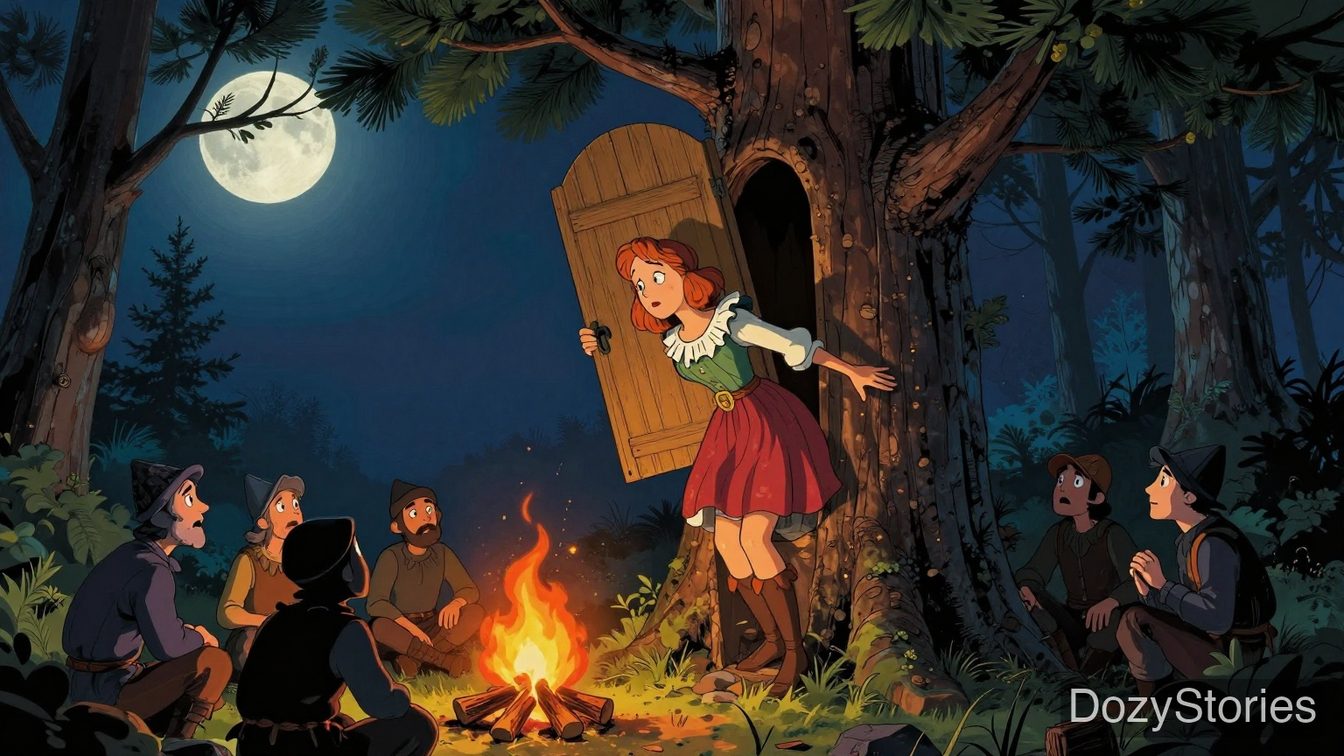 Frederick and Catherine - They spend the night in a tree with the door, and Catherine's drop scares the thieves away - Scene Illustration 4