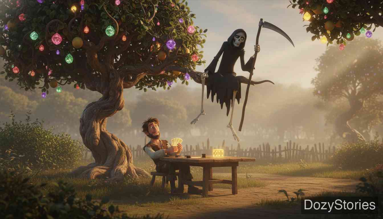 Gambling Hansel - Hansel wins half the world with his magic tools. When Death arrives to take him, he cunningly tricks Death into climbing the magic tree. Death remains trapped there for seven years, and no one dies. - Scene Illustration 2