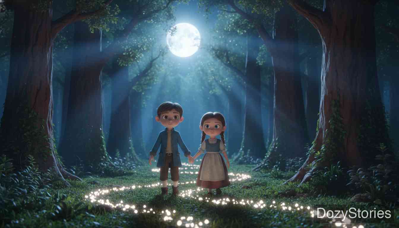 Hansel and Grethel - At the edge of a moonlit forest, clever Hansel uses glistening flint stones to mark the path home during the first abandonment. - Scene Illustration 1