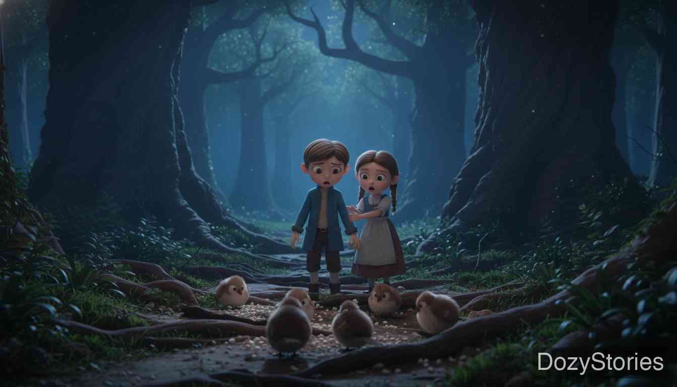Hansel and Grethel - Despair returns as Hansel is forced to mark the path with breadcrumbs, but the birds devour the trail, leaving the children lost in the deep woods. - Scene Illustration 2