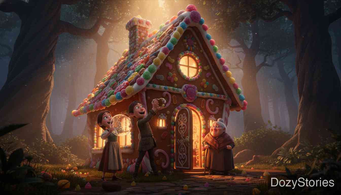 Hansel and Grethel - Driven by hunger, the children discover a marvelous house made of bread, cakes, and sugar, unaware that this sweet temptation is a trap set by a wicked witch. - Scene Illustration 3