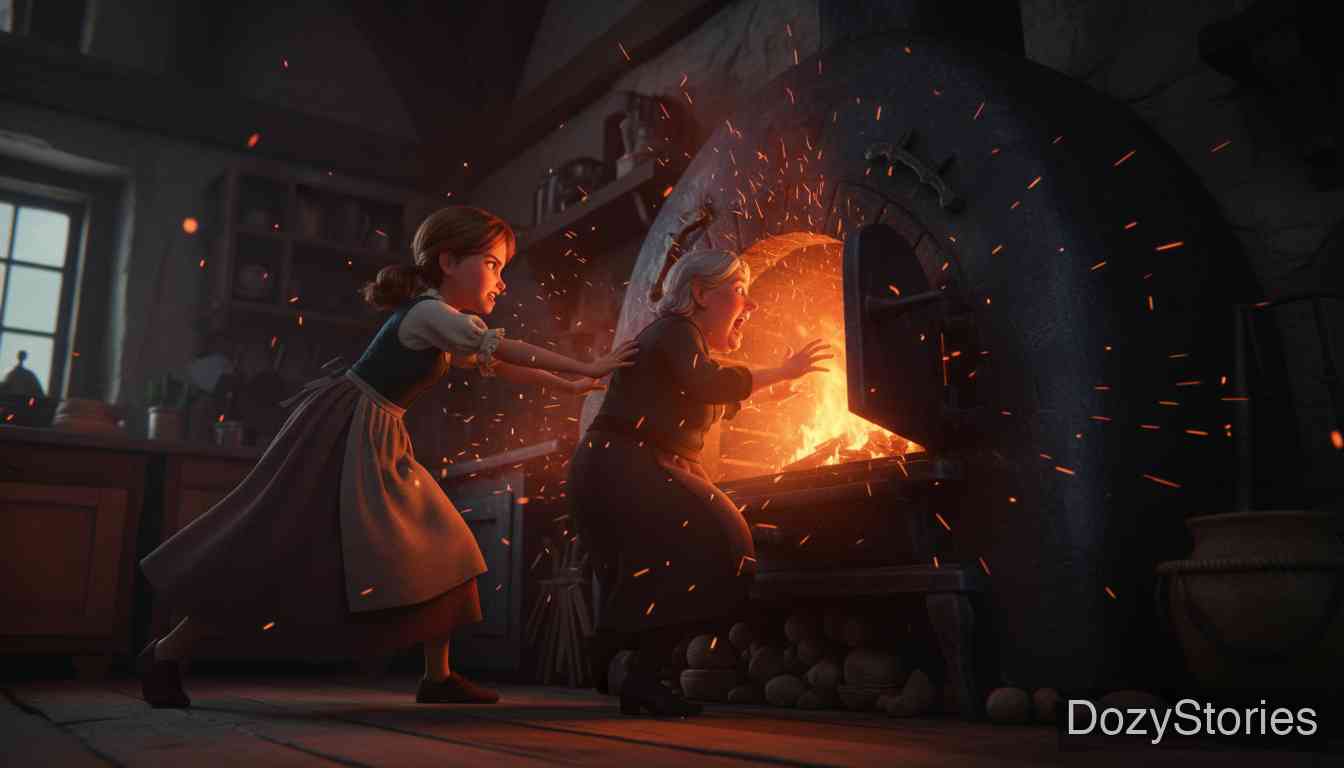 Hansel and Grethel - Hansel is caged to be fattened, while Grethel, in a moment of desperate courage, tricks the witch into checking the oven and pushes her into the flames. - Scene Illustration 4