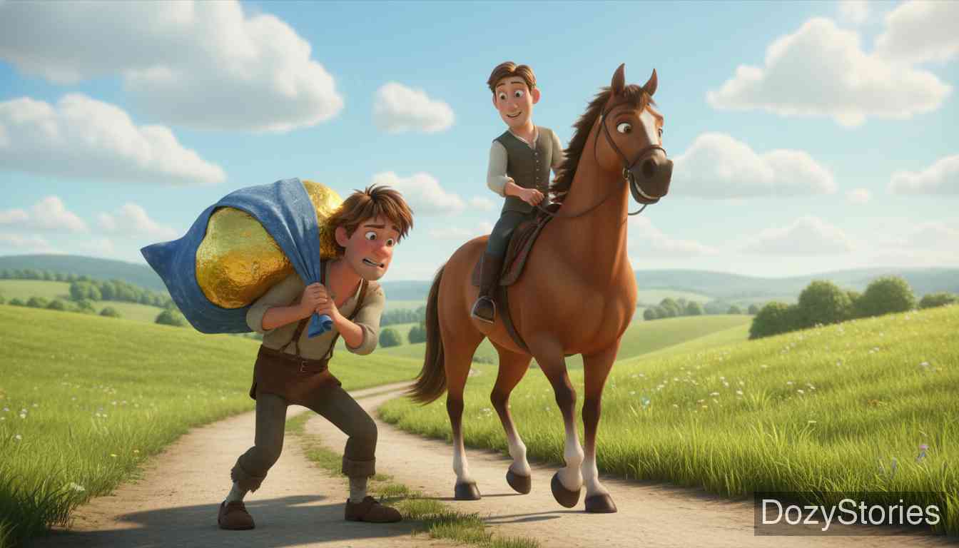 Hans in Luck - Hans receives a lump of gold as big as his head for seven years of service. Finding it heavy to carry home, he envies a horseman and naively trades his gold for the horse to travel more comfortably. - Scene Illustration 1