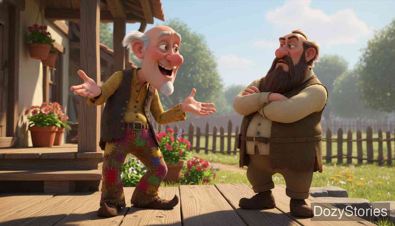 Hans Married - Wearing patched trousers, the uncle proposes to a rich peasant. The greedy father asks about Hans's means, wanting to know if he is well-off. - Scene Illustration 2