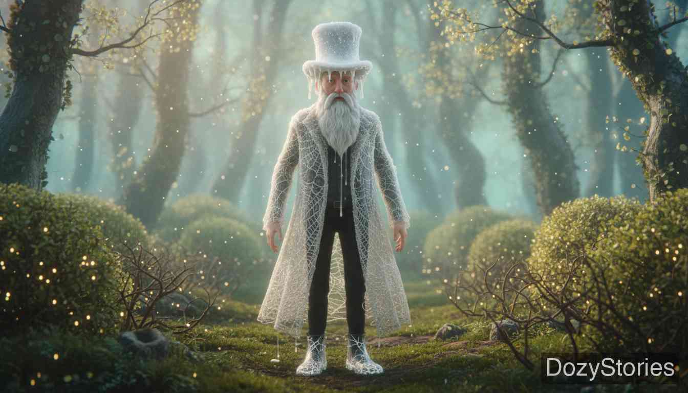 Hans Married - The narrator ends with a nonsensical description of his own wedding attire: a snow hat, spiderweb coat, and glass shoes, all of which were destroyed. - Scene Illustration 5