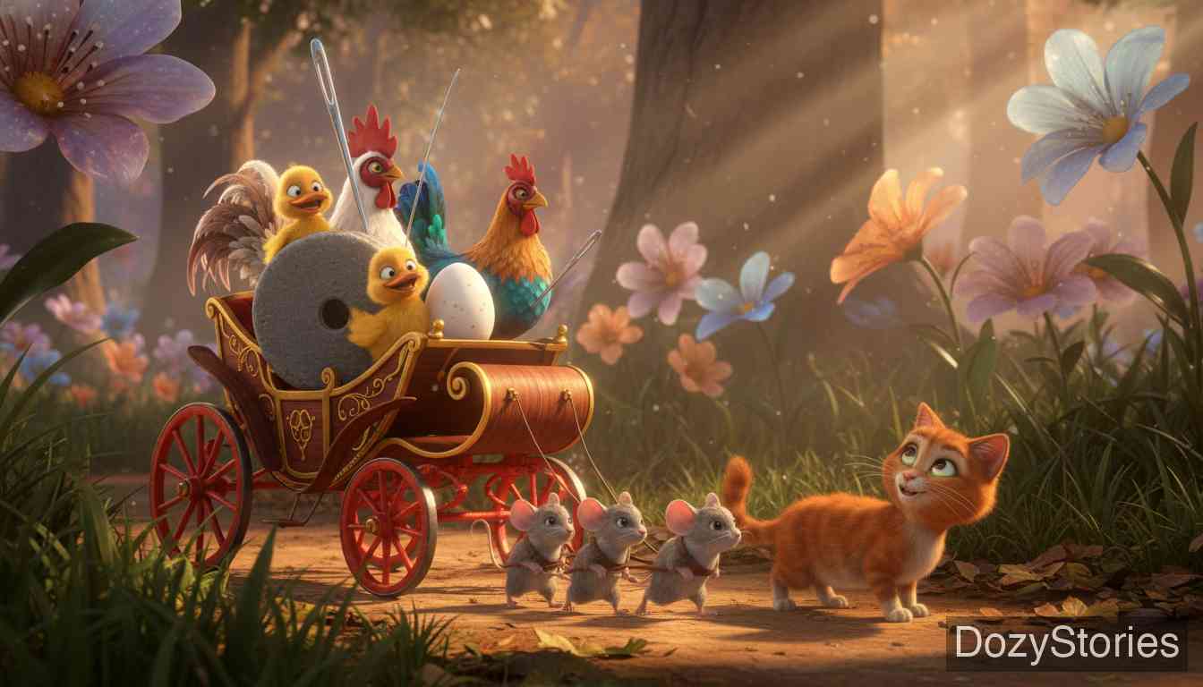 Herr Korbes - One by one, a millstone, an egg, a duck, a pin, and a needle join the little carriage for the journey. - Scene Illustration 2