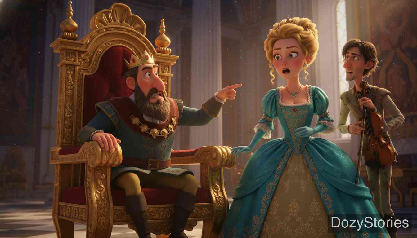 King Thrushbeard - A ragged fiddler sings beneath the window; the king keeps his word and gives the princess to him, then sends the pair out of the palace at once. - Scene Illustration 2