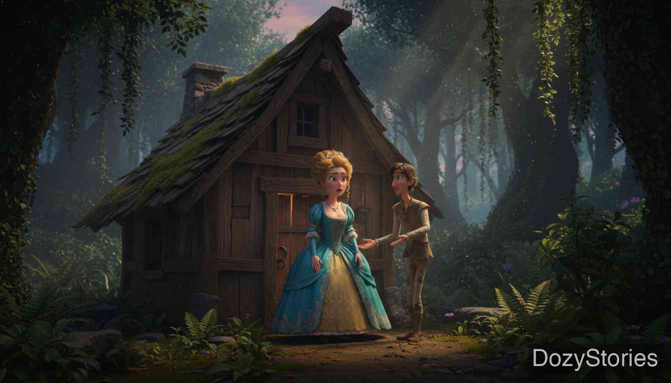 King Thrushbeard - Walking with her husband, the princess learns that the forest, the meadow and the town all belong to King Thrushbeard and weeps with regret; in their tiny hut, housework defeats her. - Scene Illustration 3