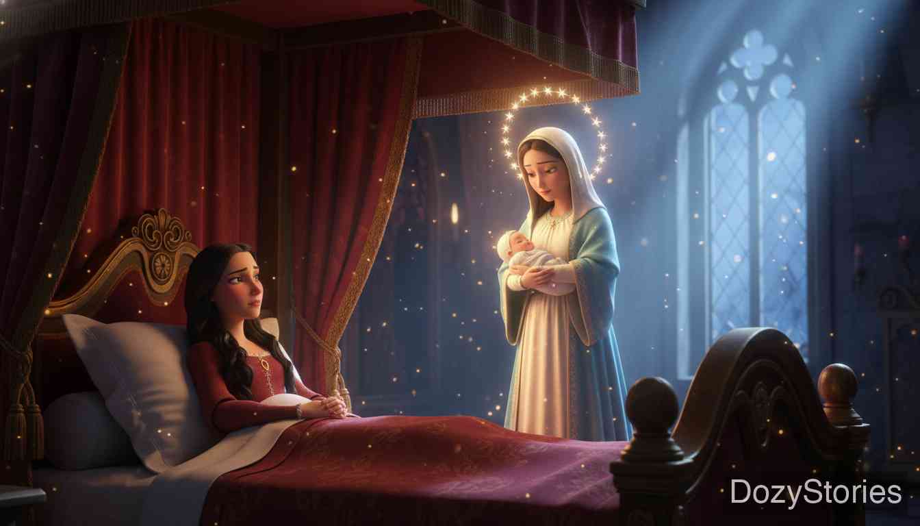 Mary's Child - The queen bears two sons. Each time Mary comes by night: confess, and speech and child are yours; deny, and the child goes. The queen will not give in, so the children are taken, and the people whisper that she is a monster — but the king shields her. - Scene Illustration 3
