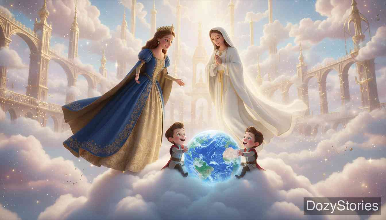 Mary's Child - The queen gives birth to a daughter. Mary takes her up to heaven to see her two sons, but the queen denies her fault a third time. The daughter is taken too, the people cry for justice, and the queen is condemned to the fire. - Scene Illustration 4