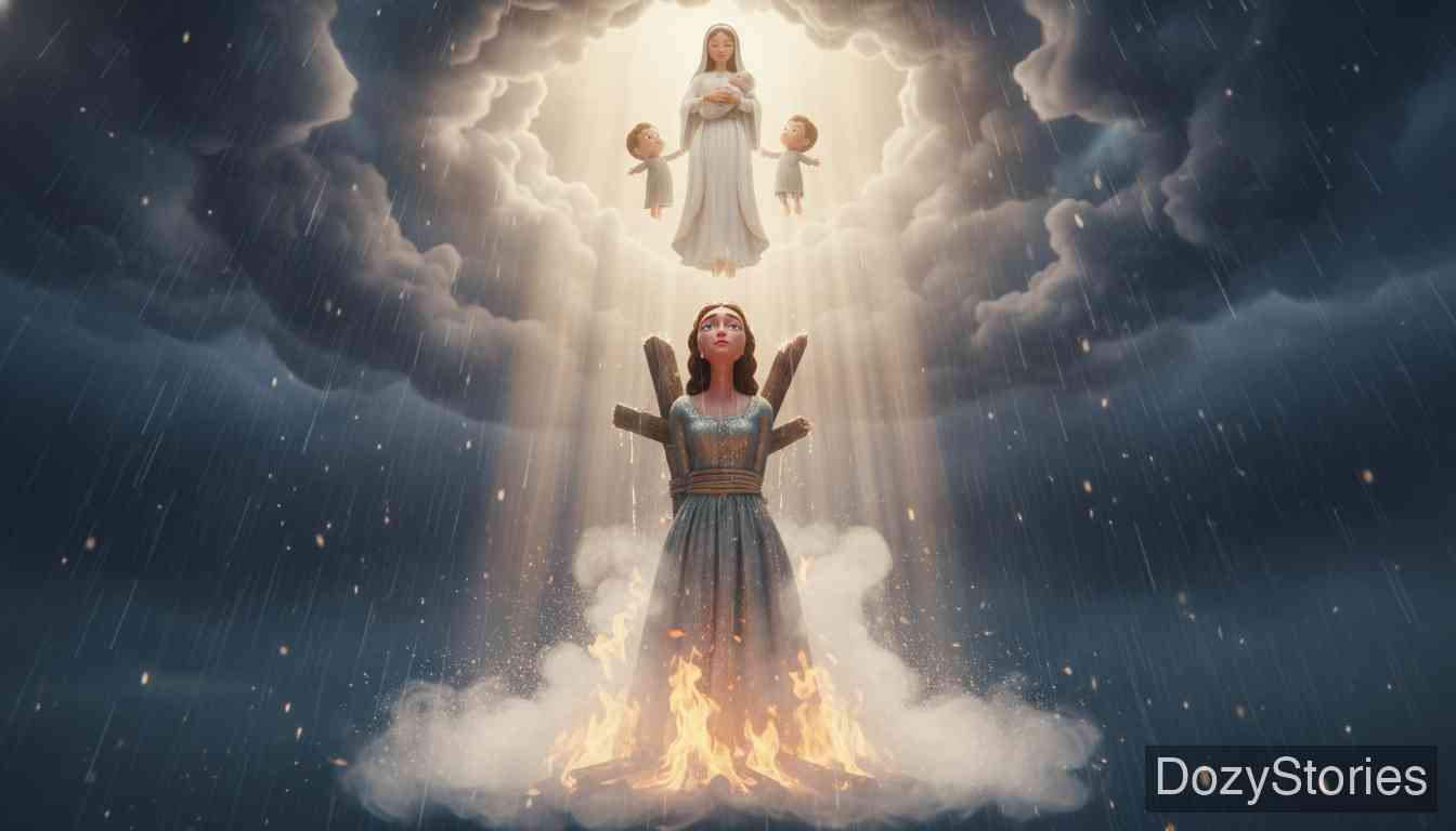 Mary's Child - At the stake the fire rises, and at last the queen repents and tells the truth. Rain puts out the flames. Mary comes down with the three children, gives the queen back her voice and her joy — the honest heart is forgiven. - Scene Illustration 5