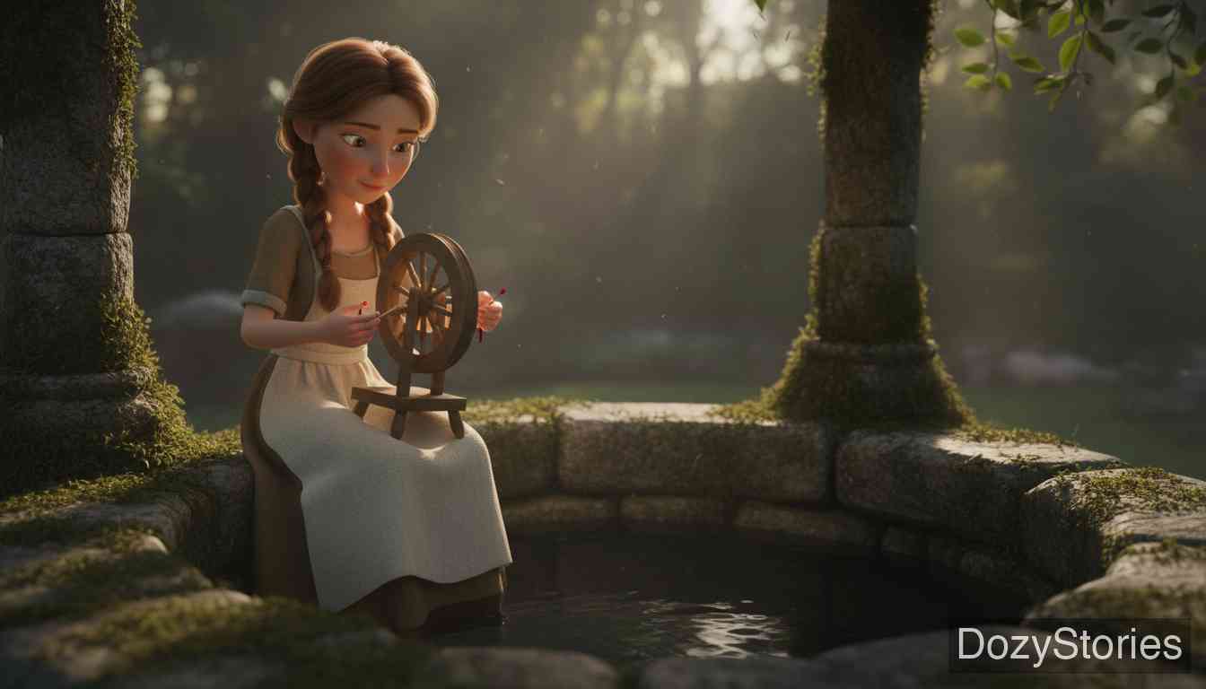 Mother Hulda - A hard-working girl spins by the well day after day, and when her bloody spindle sinks, she is forced to jump in after it. - Scene Illustration 1