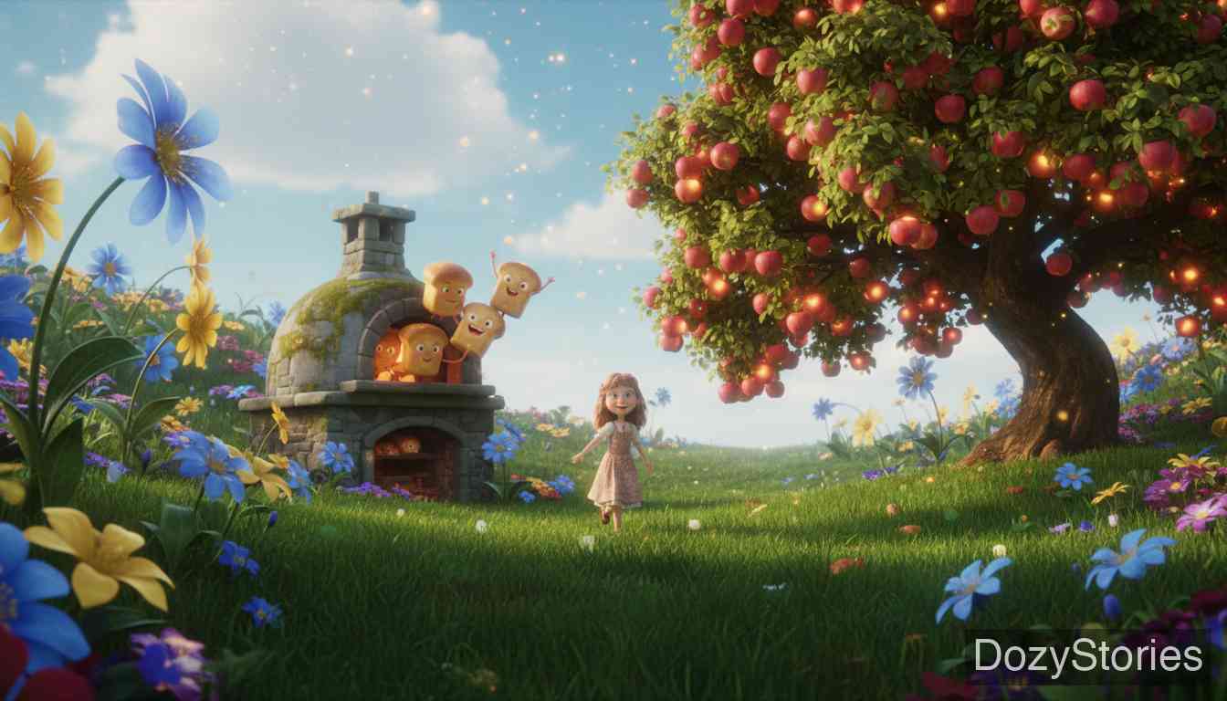 Mother Hulda - The girl wakes in a flower-filled meadow, saves the loaves from burning, and shakes down every ripe apple. - Scene Illustration 2