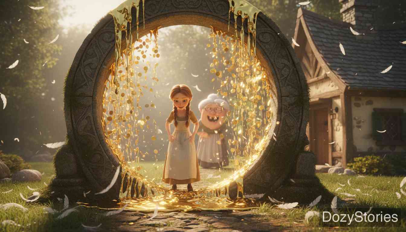 Mother Hulda - The girl serves Mother Hulda faithfully and shakes the feather bed until snow falls; when she leaves, she is given back her spindle and a coat of gold. - Scene Illustration 3