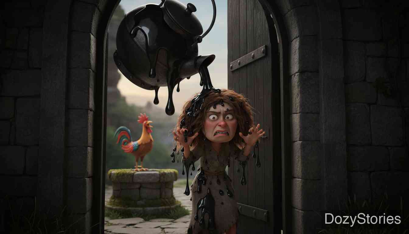 Mother Hulda - Because the lazy sister shirks her work, Mother Hulda sends her home covered in pitch that never washes off. - Scene Illustration 5