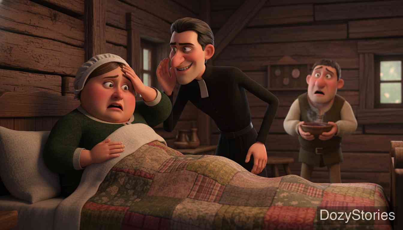 老希尔德布朗 - 牧师与农夫的妻子定下计策:妻子装病,把丈夫支开,好让两人独处一日。 - 场景插画 1