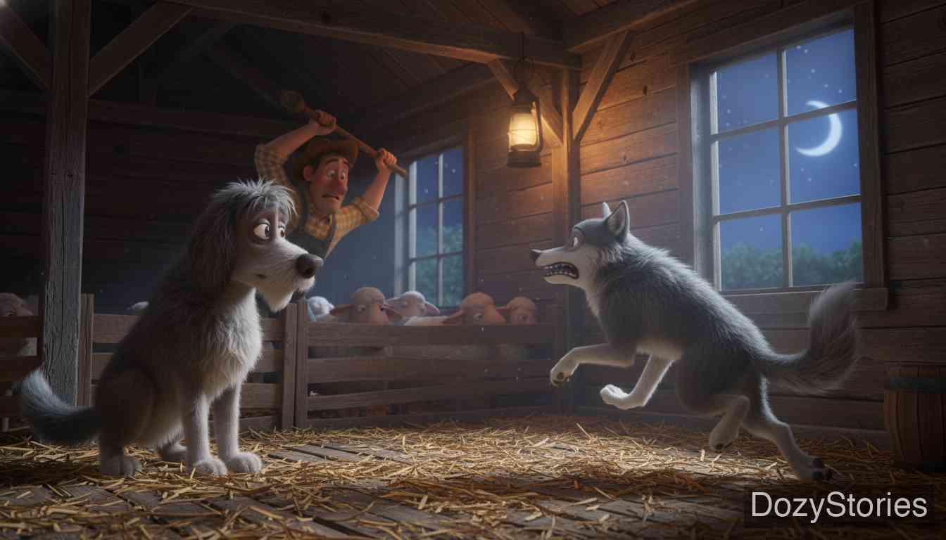 Old Sultan - The wolf expects a favour in return and wants to steal a sheep, but Sultan refuses; the wolf is beaten and swears revenge. - Scene Illustration 3