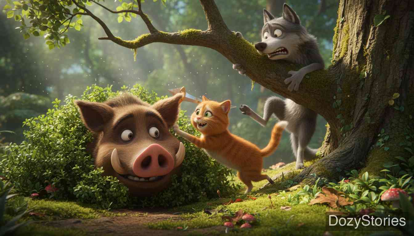 Old Sultan - Frightened, the wolf and the boar hide; the cat bites the boar's ear by mistake, exposing the wolf, and at last everyone makes peace. - Scene Illustration 5