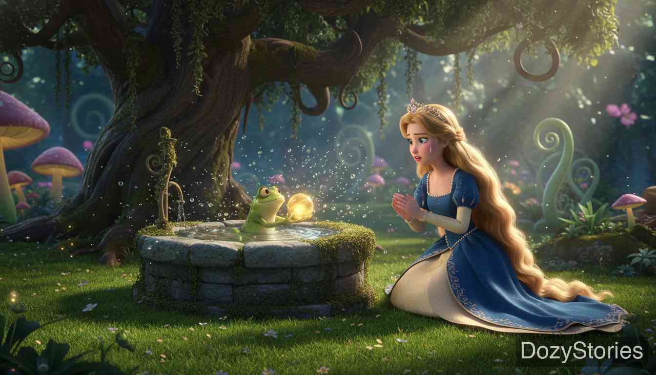 The Frog King or Iron Henry - The princess plays with her golden ball by an old well; when it falls into the water, a frog offers to fetch it back in return for her friendship. - Scene Illustration 1