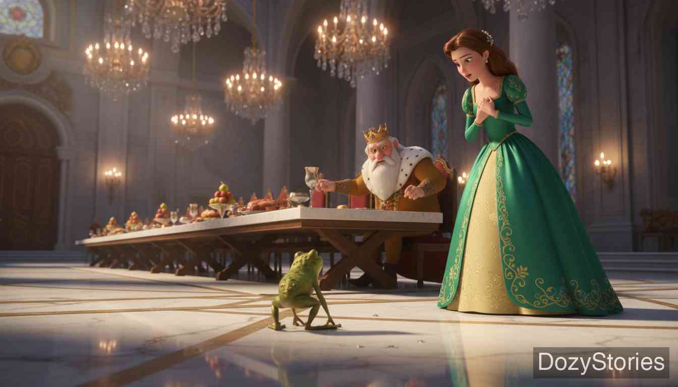 The Frog King or Iron Henry - The next day the frog comes to the castle door to claim the promise; the king hears the story and orders his daughter to keep her word. - Scene Illustration 2