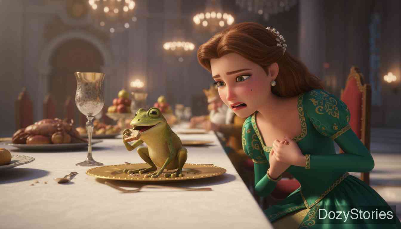 The Frog King or Iron Henry - The frog joins the princess at the table and shares her golden plate, then goes further and asks to sleep in her bed. - Scene Illustration 3