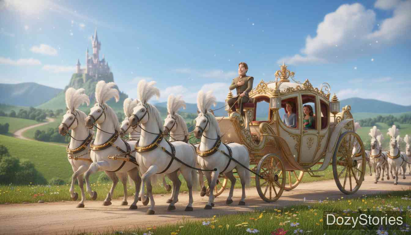 The Frog King or Iron Henry - The prince and princess ride home in a carriage, while faithful Henry's iron bands burst one by one from joy. - Scene Illustration 5