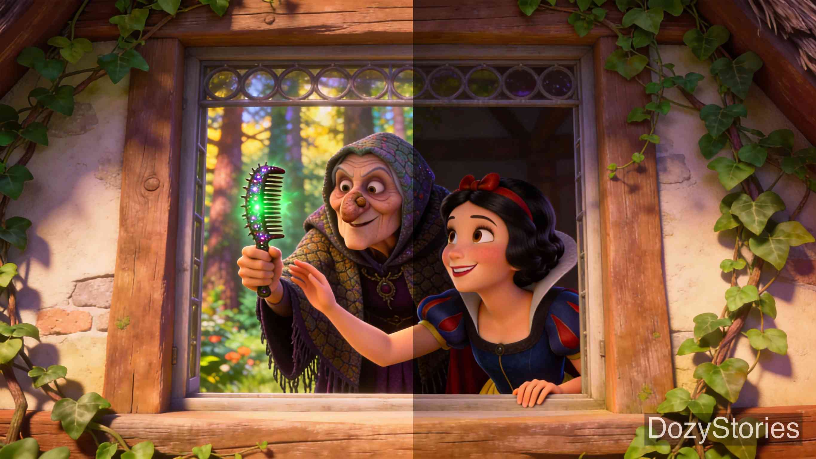 白雪公主 - 白雪公主逃入森林,寻得七个小矮人的小屋,被好心收留,从此安身。 - 场景插画 2