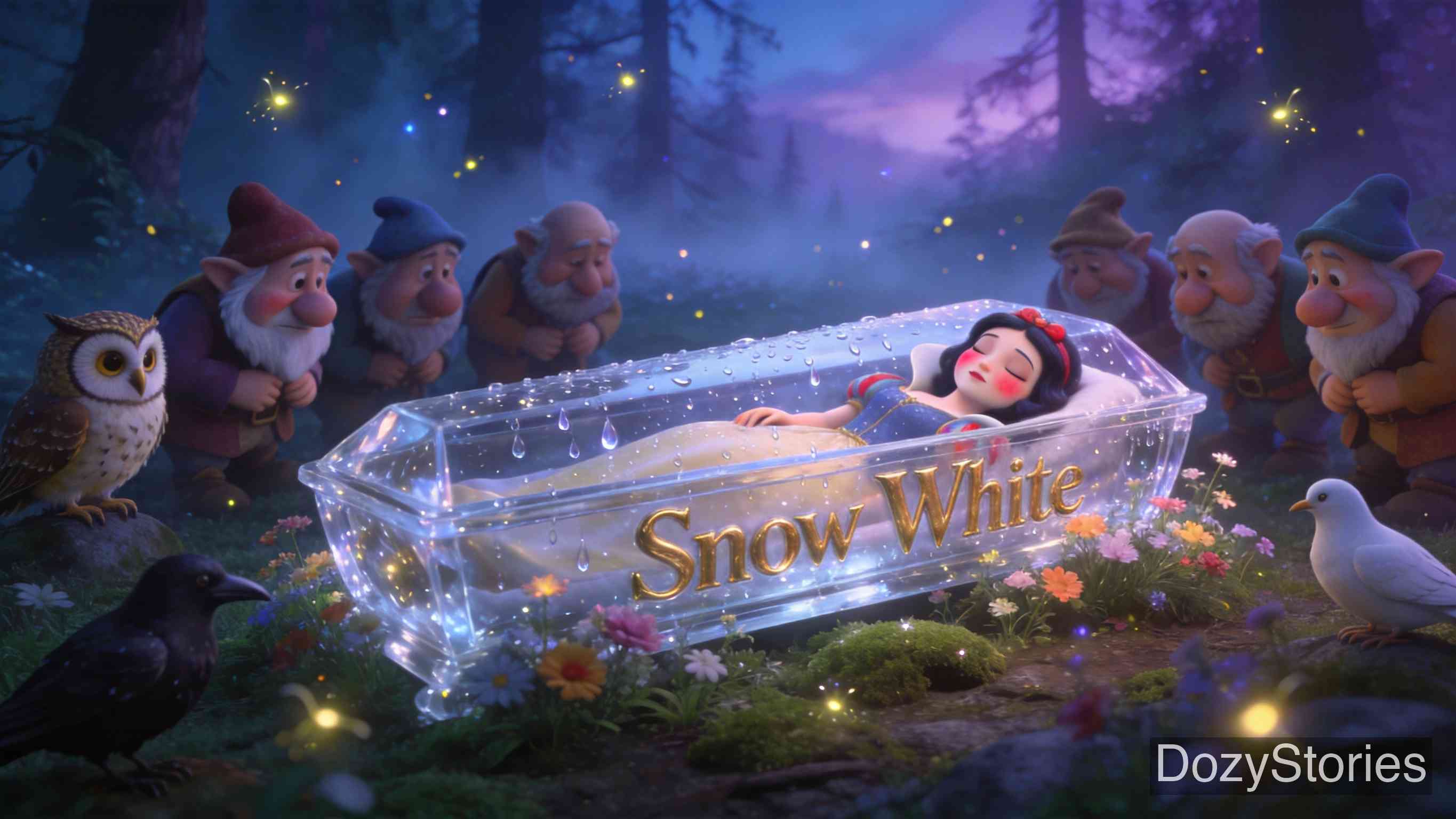 白雪公主 - 王后送来毒苹果,白雪公主中计倒地;小矮人悲恸三日,将她安放在水晶棺中。 - 场景插画 4