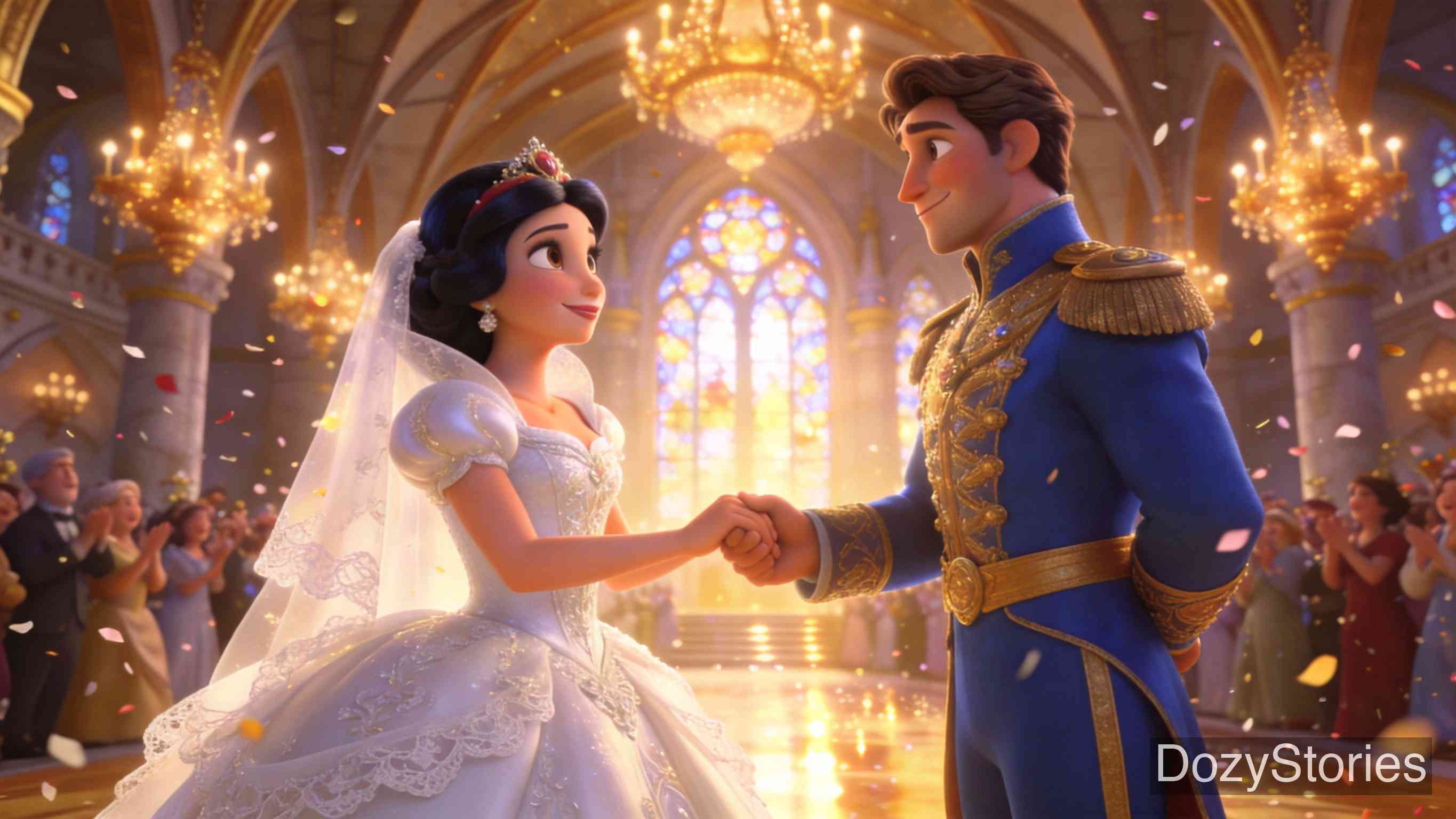 白雪公主 - 王子带走水晶棺,路上颠出毒苹果,白雪公主苏醒成婚;恶毒王后自食其果。 - 场景插画 5
